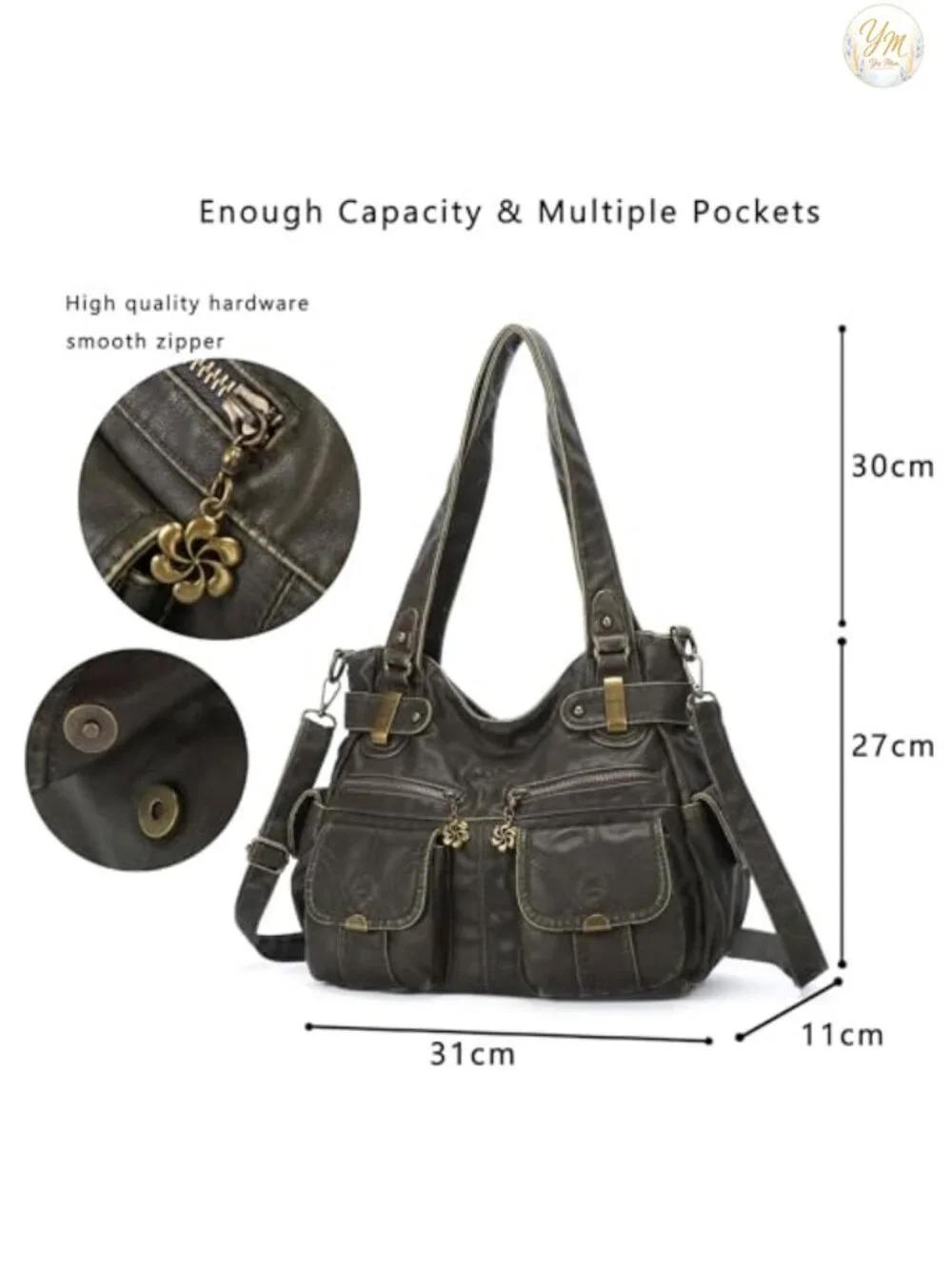 Large Washed Faux Leather Hobo Tote Double Zipper Multi Pockets Shoulder Bag